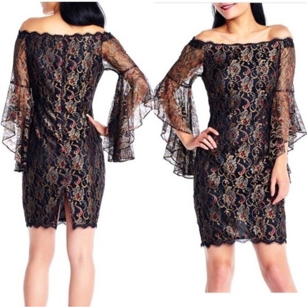 Adrianna Papell Off the Shoulder Mini Dress Lace Metallic Bell Sleeve Size 16W